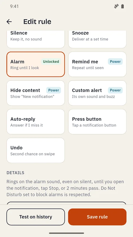 The 11 actions, with Alarm selected and unlocked