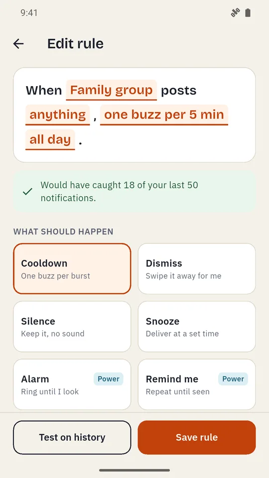 The rule editor: When Family group posts anything, one buzz per 5 min, all day. Would have caught 18 of your last 50 notifications.