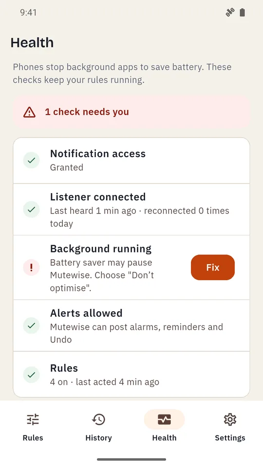 Health screen with checks for notification access, listener connection and battery