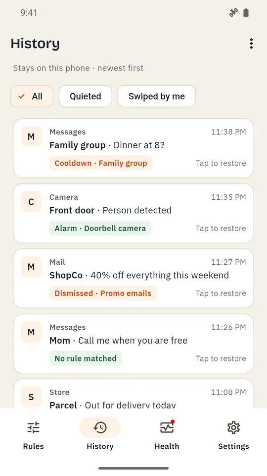 Notification history with the rule that acted on each one